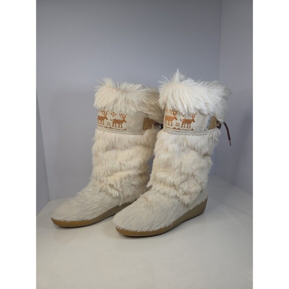 Tecnica Goat Fur Cream Mid Calf SnowBoots Leather Detail Embroidered Moose Sz 37 - Picture 3 of 9